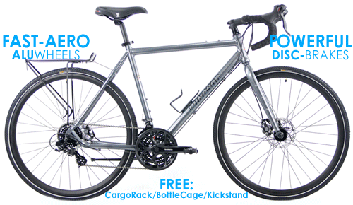 LTD QTYS of these Super Commuter Touring bikes Windsor Tourist XTL  Advanced Aluminum Touring/Commuter Bikes with CrMo Forks, FULL SHIMANO 3X7Speed + Powerful Disc Brakes, PunctureGuard/ReflectiveSideWall Tires Click to see enlarged photo 