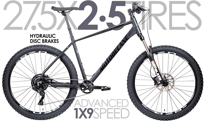 LTD QTYS of these Wide Tire 27.5/650B Mountain bikes Motobecane Fantom 2.5 SS9 27.5/650B Advanced Aluminum 27.5 Mountain Bikes with LockOut Forks, FULL MICROShift 1X9Speed + SRAM Hydraulic Disc Brakes, 2.5 inch Tires