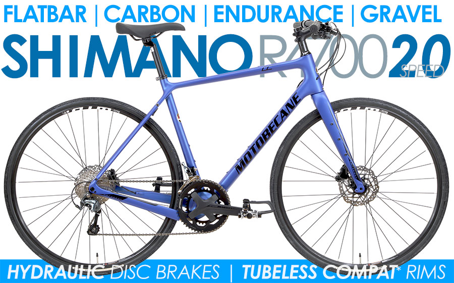 Carbon Adventure Gravel Flat Bar Road Bikes *ALL BIKES FREE SHIP 48 Fast 
Motobecane Cafe Century CF Flatbar Gravel, Tubeless Compat* Wheelset, SHIMANO R4700 2X10 Speed Components, Shimano Hydraulic Disc Brakes Riding