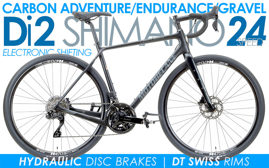 *ALL BIKES FREE SHIP 48 Fast Carbon Adventure Gravel Endurance Road Bikes
Motobecane Century EXPERT Di2 105, DT SWISS Rim Wheelset, Shimano 24 Speed (2X12) Electronic Shifting, R7170 Di2, Shimano 105 Components, Hydraulic Disc Brakes Riding